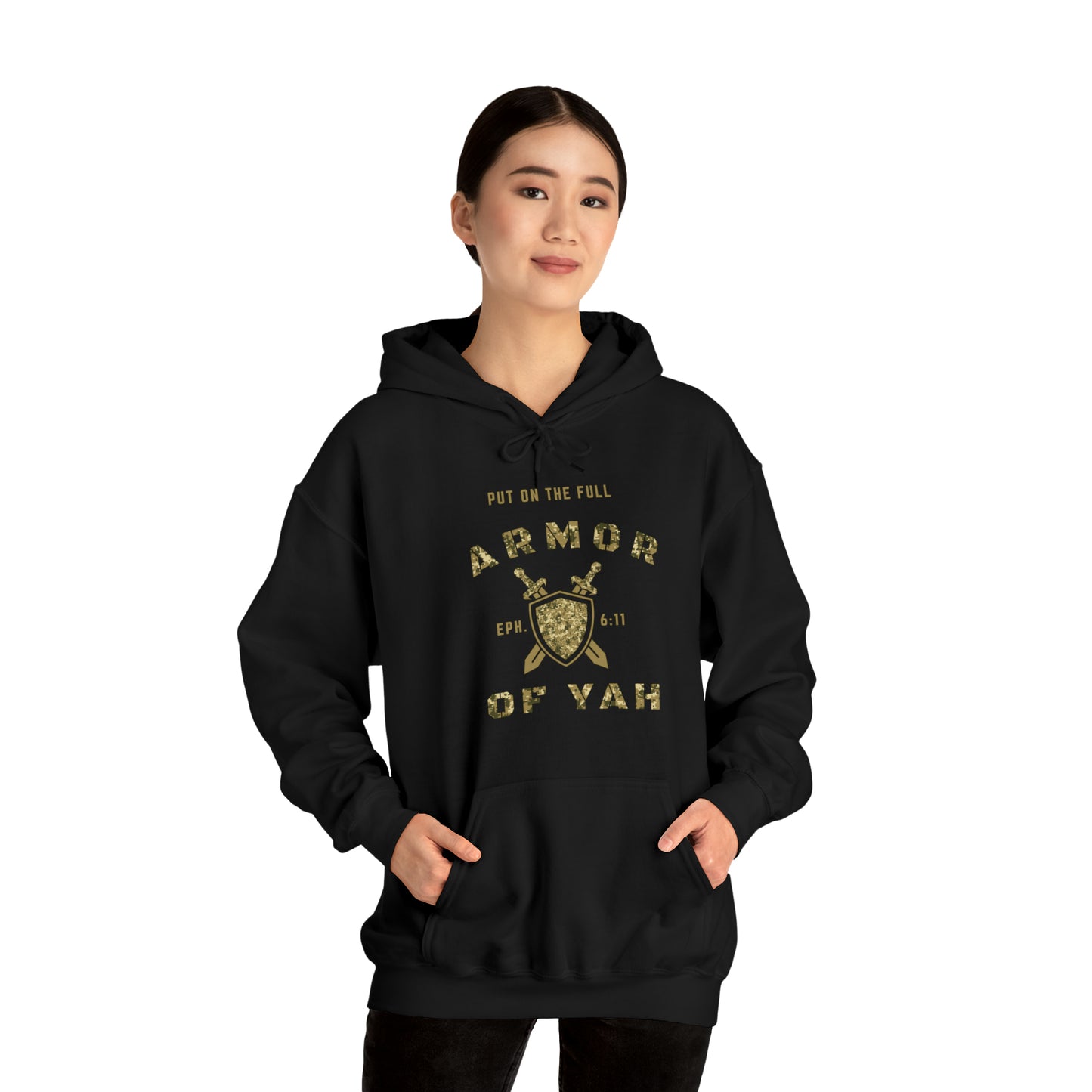Put on the Full Armor of YAH Black Green Camo Unisex Heavy Blend™ Hooded Sweatshirt