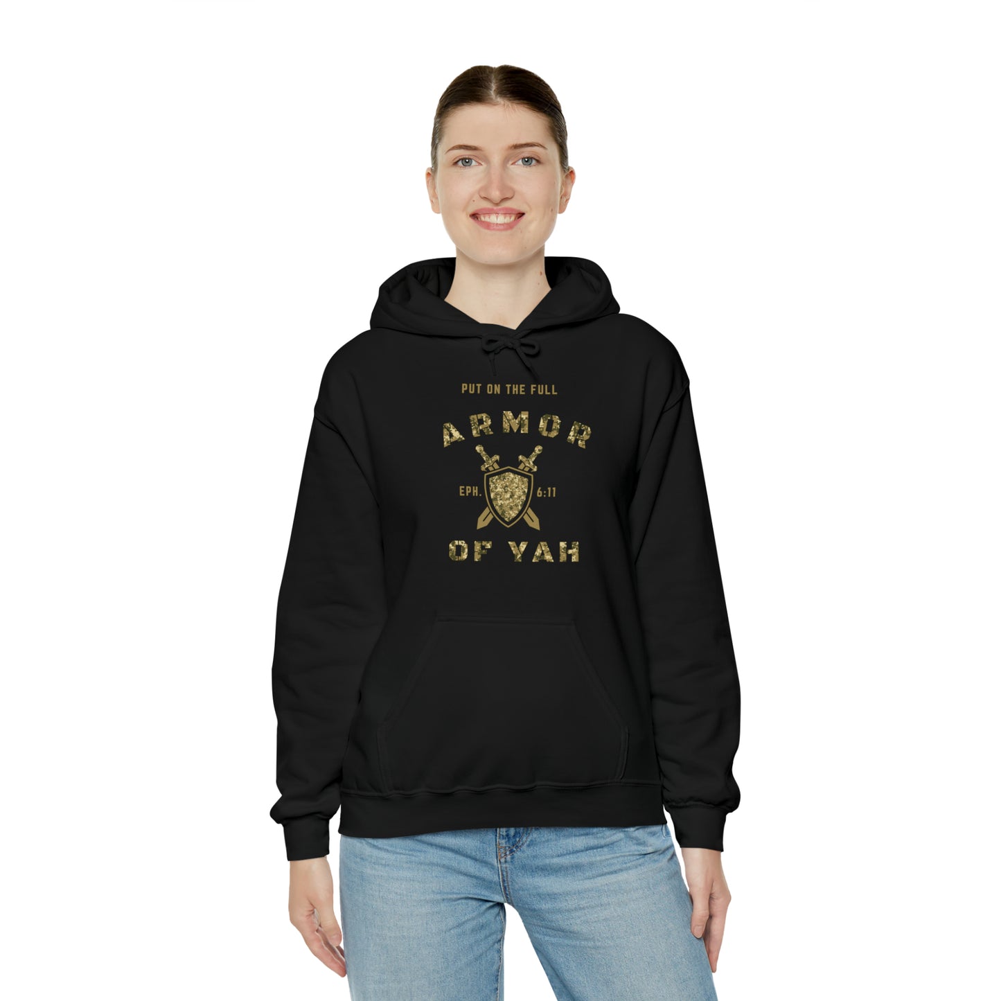 Put on the Full Armor of YAH Black Green Camo Unisex Heavy Blend™ Hooded Sweatshirt