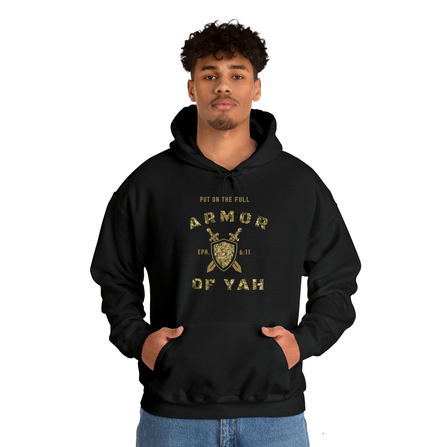Put on the Full Armor of YAH Black Green Camo Unisex Heavy Blend™ Hooded Sweatshirt