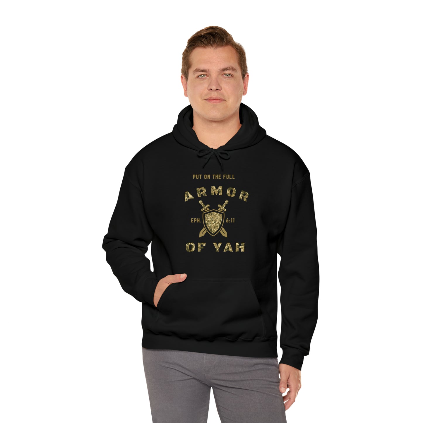 Put on the Full Armor of YAH Black Green Camo Unisex Heavy Blend™ Hooded Sweatshirt
