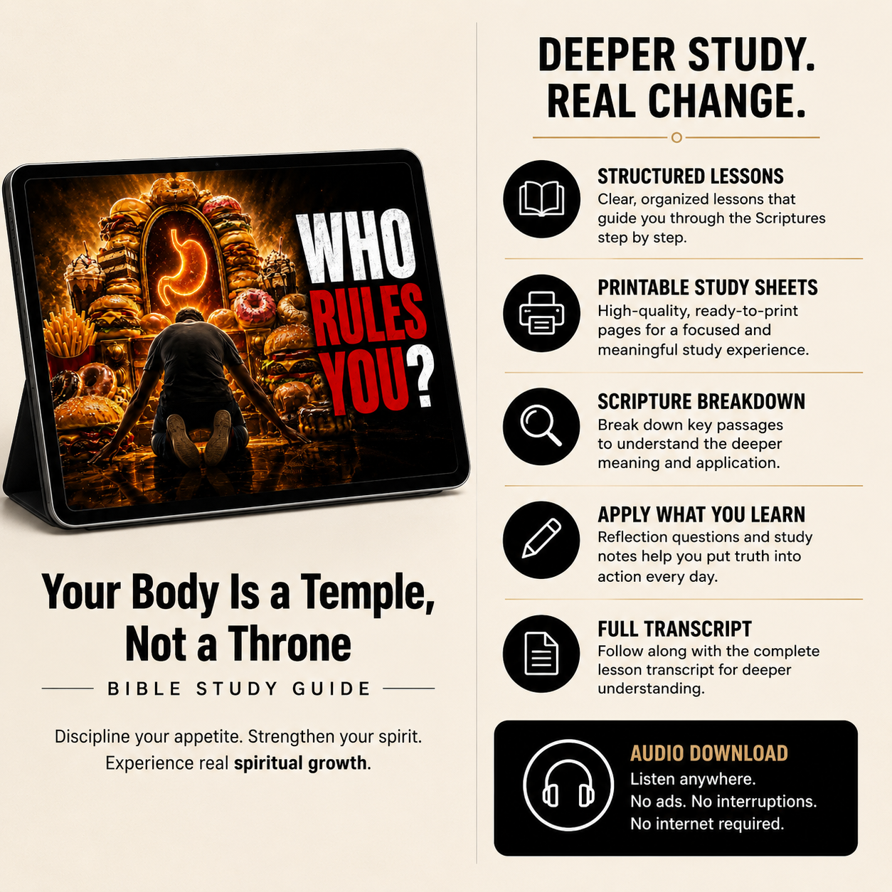 Your Body Is a Temple, Not a Throne Bible Study Guide | Discipline Appetite & Grow Spiritually | Lesson Study Guide + Audio MP3 + Scripture Study + Lesson Transcript PDF Download
