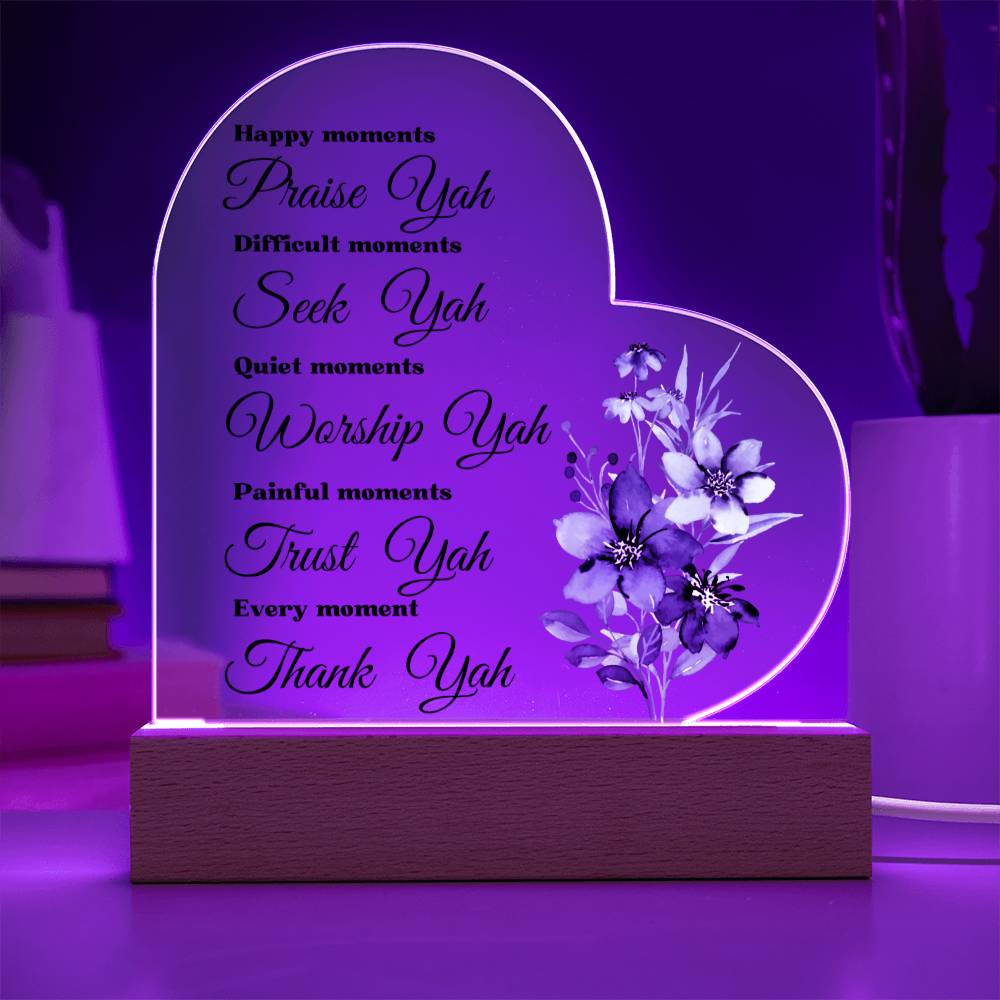 Worship YAH Inspirational LED light Acrylic Heart Plaque Gift Scripture Bible Verse Blue Flower