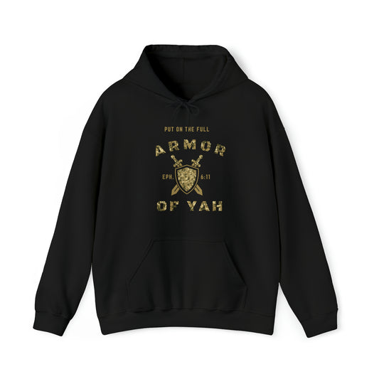 Put on the Full Armor of YAH Black Green Camo Unisex Heavy Blend™ Hooded Sweatshirt