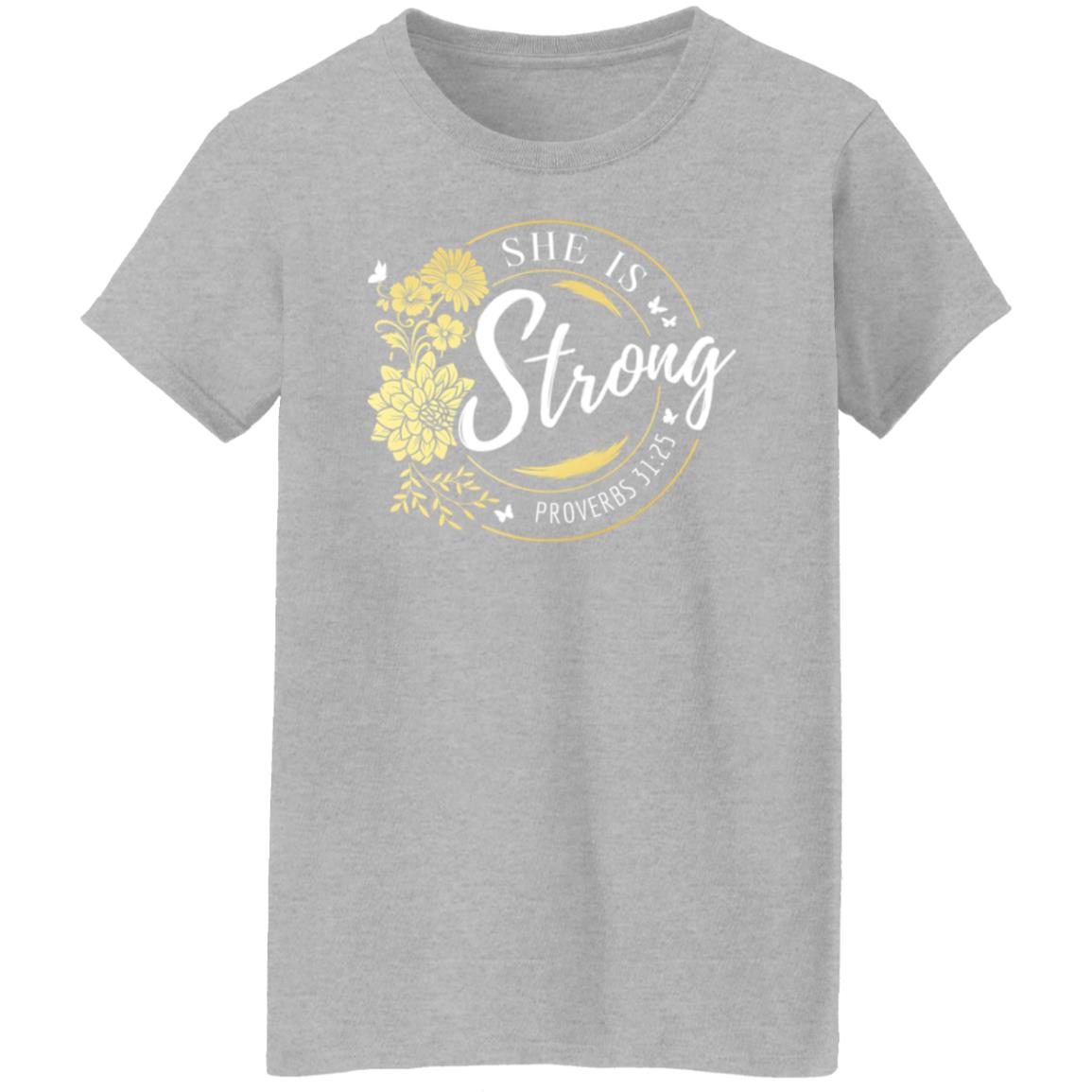 She Is Strong in White Letters with Gold Flowers Ladies' T-Shirt