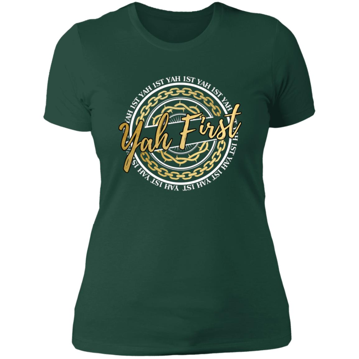 YAH FIRST In Gold Letters Slim Fit Ladies' T-Shirt