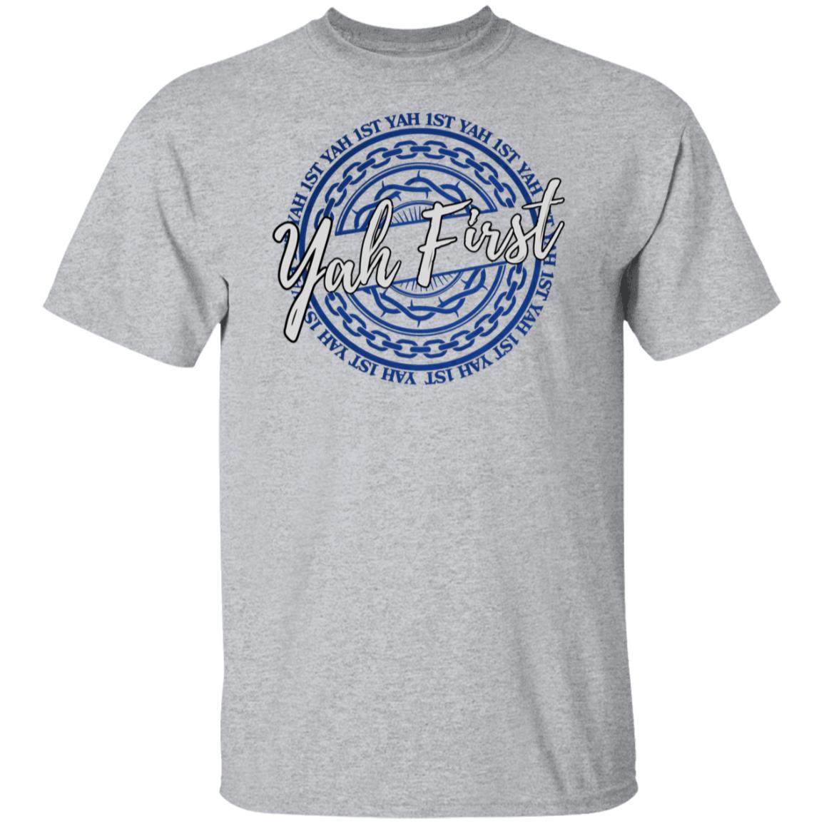 YAH FIRST in Blue and White Letters Unisex T-Shirt