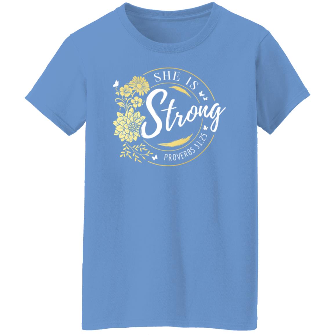 She Is Strong in White Letters with Gold Flowers Ladies' T-Shirt