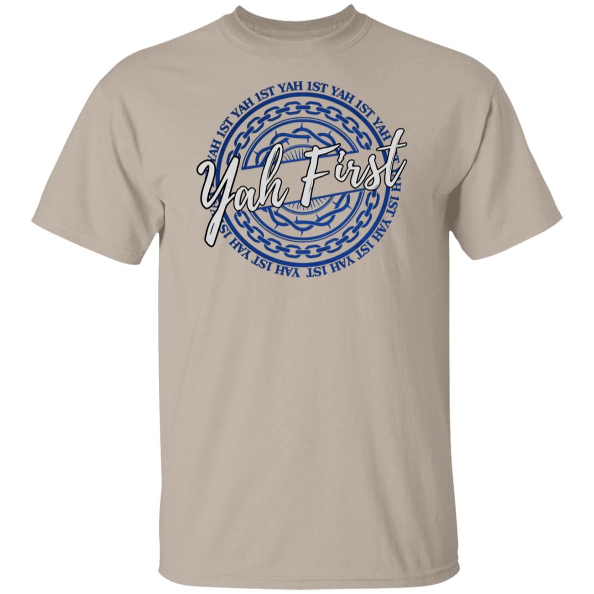 YAH FIRST in Blue and White Letters Unisex T-Shirt