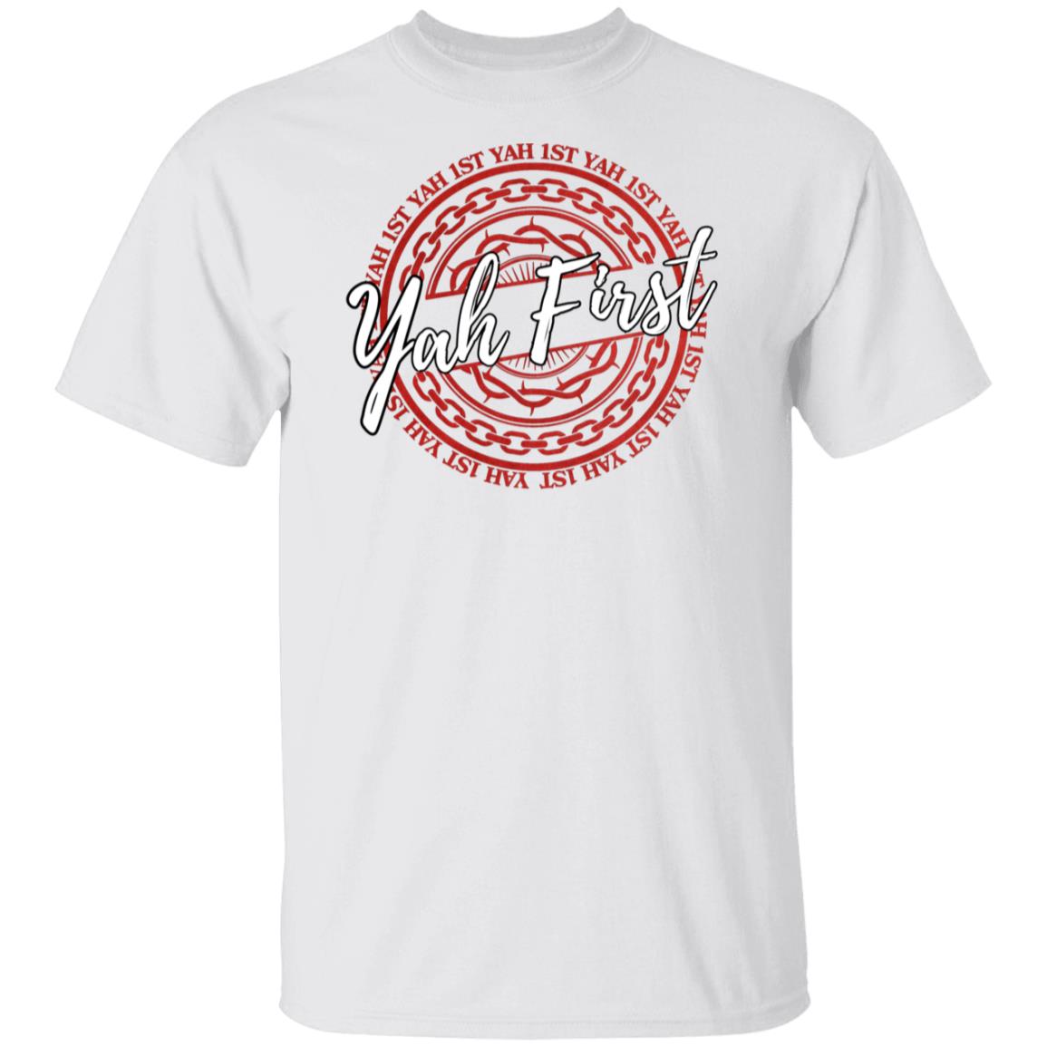 YAH FIRST in Red and White Letters Unisex T-Shirt