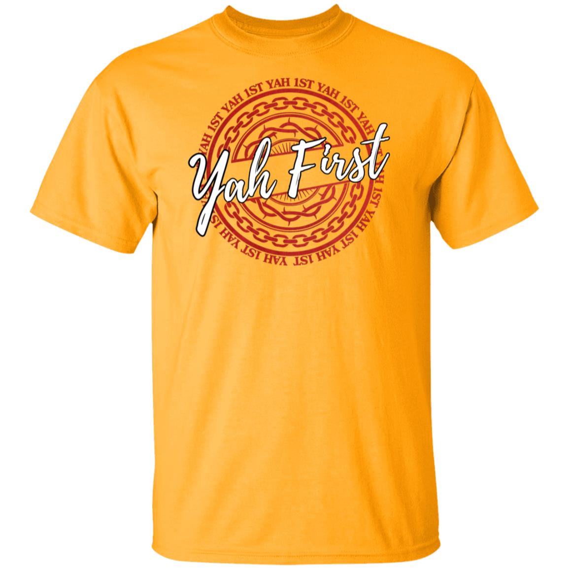 YAH FIRST in Red and White Letters Unisex T-Shirt