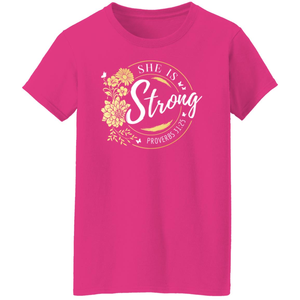 She Is Strong in White Letters with Gold Flowers Ladies' T-Shirt