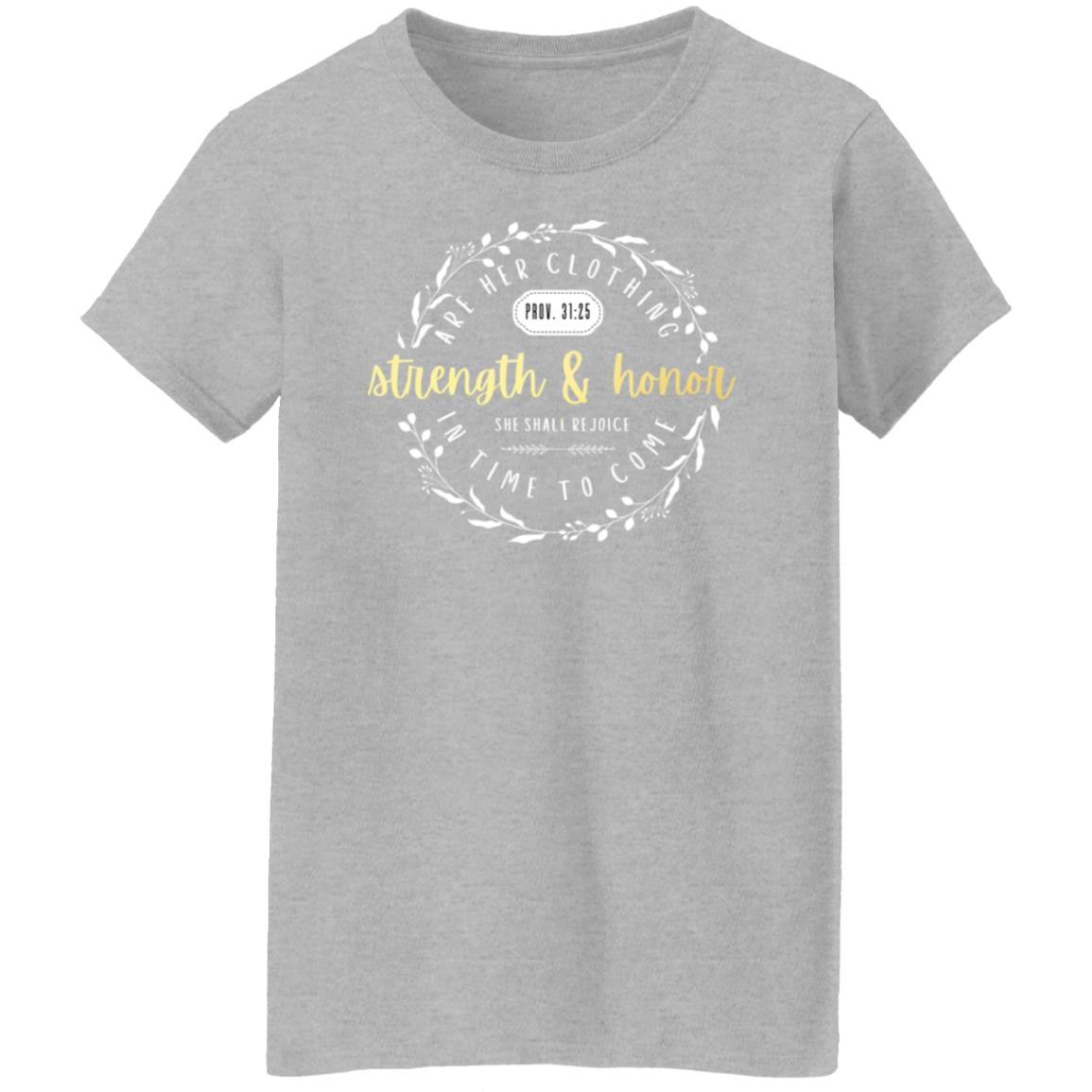 Proverbs 31 Strength Gold Ladies' 5.3 oz. T-Shirt