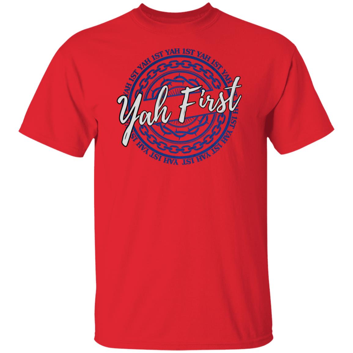 YAH FIRST in Blue and White Letters Unisex T-Shirt