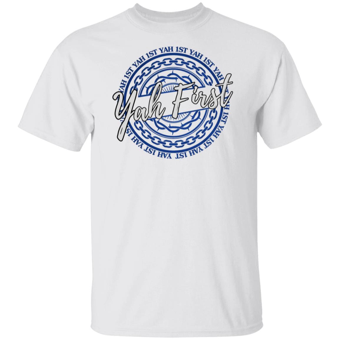 YAH FIRST in Blue and White Letters Unisex T-Shirt