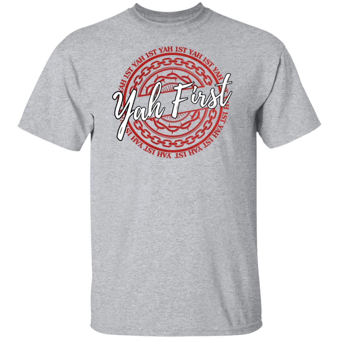 YAH FIRST in Red and White Letters Unisex T-Shirt