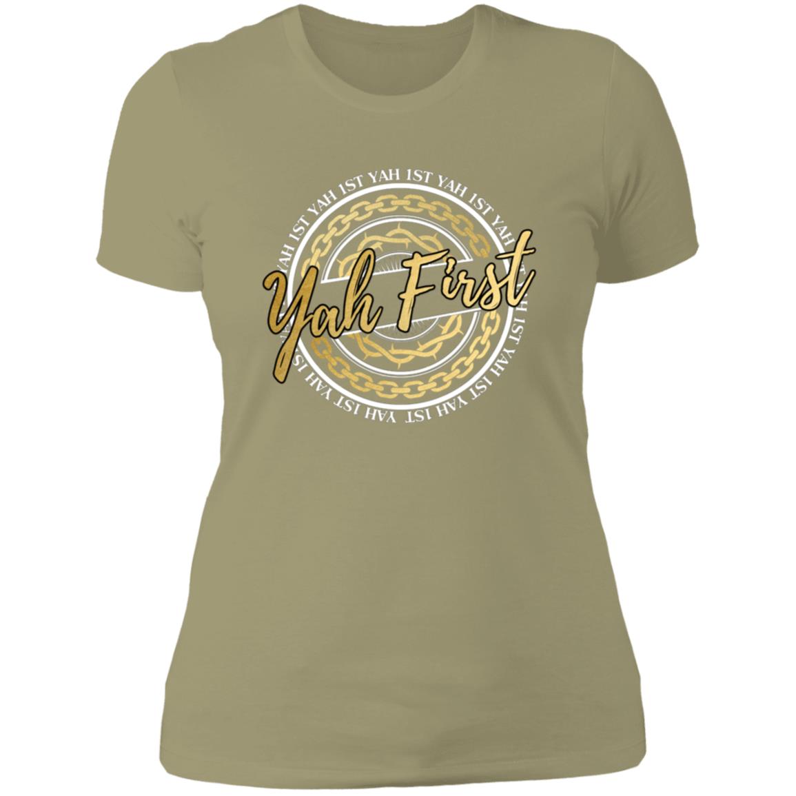 YAH FIRST In Gold Letters Slim Fit Ladies' T-Shirt