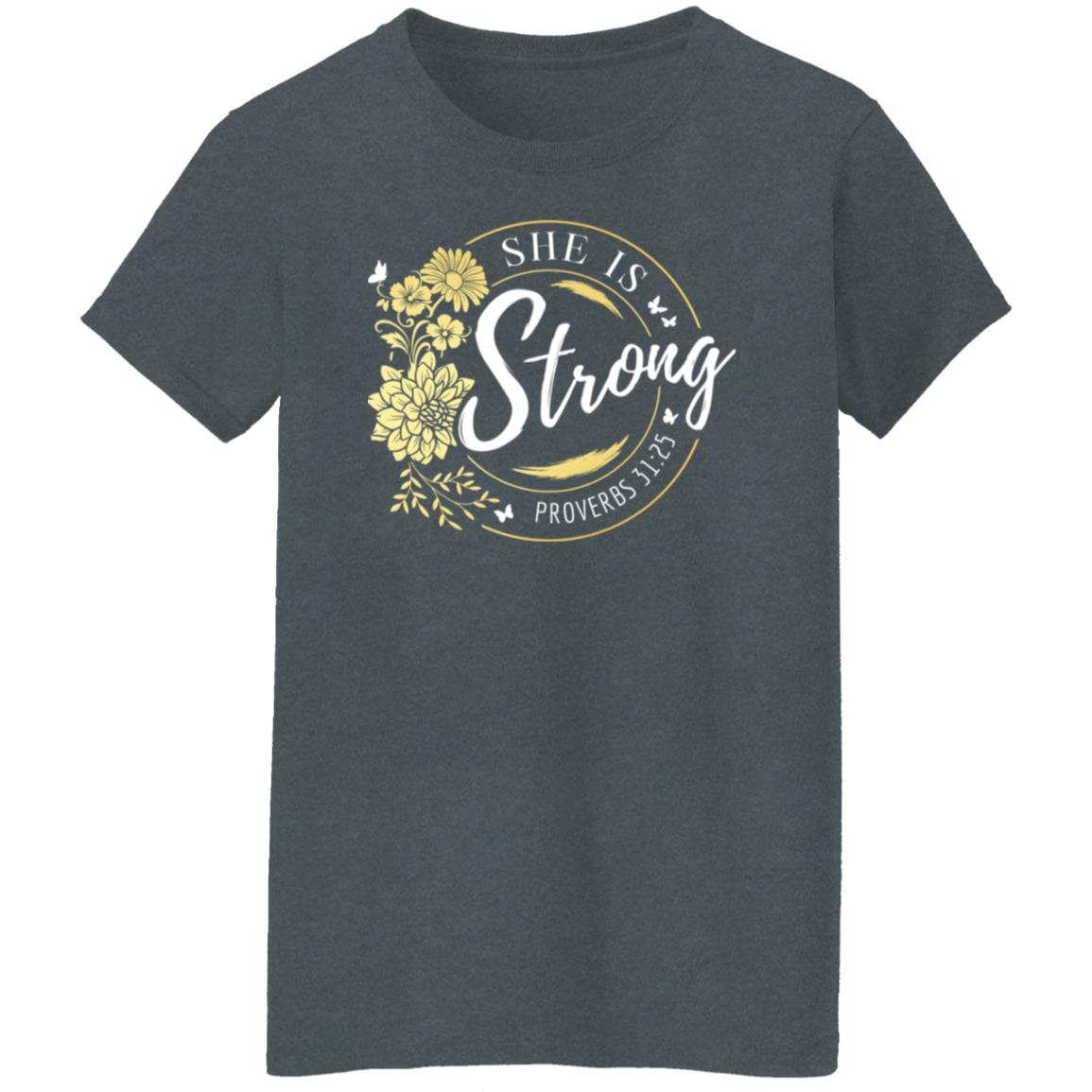 She Is Strong in White Letters with Gold Flowers Ladies' T-Shirt