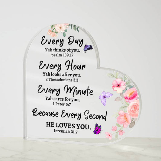 Every Day YAH thinks of you Inspirational Acrylic Heart Gift Scriptures Bible Verse Flowers