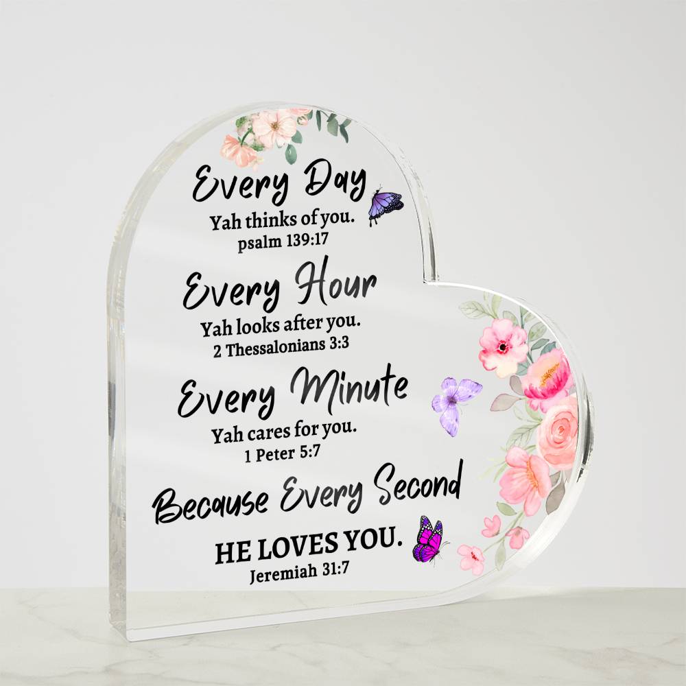 Every Day YAH thinks of you Inspirational Acrylic Heart Gift Scriptures Bible Verse Flowers