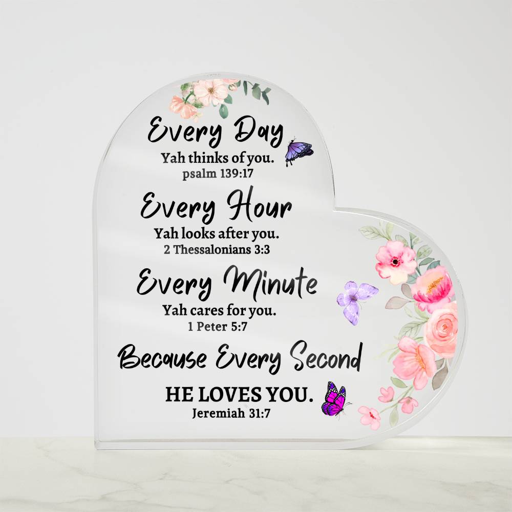 Every Day YAH thinks of you Inspirational Acrylic Heart Gift Scriptures Bible Verse Flowers