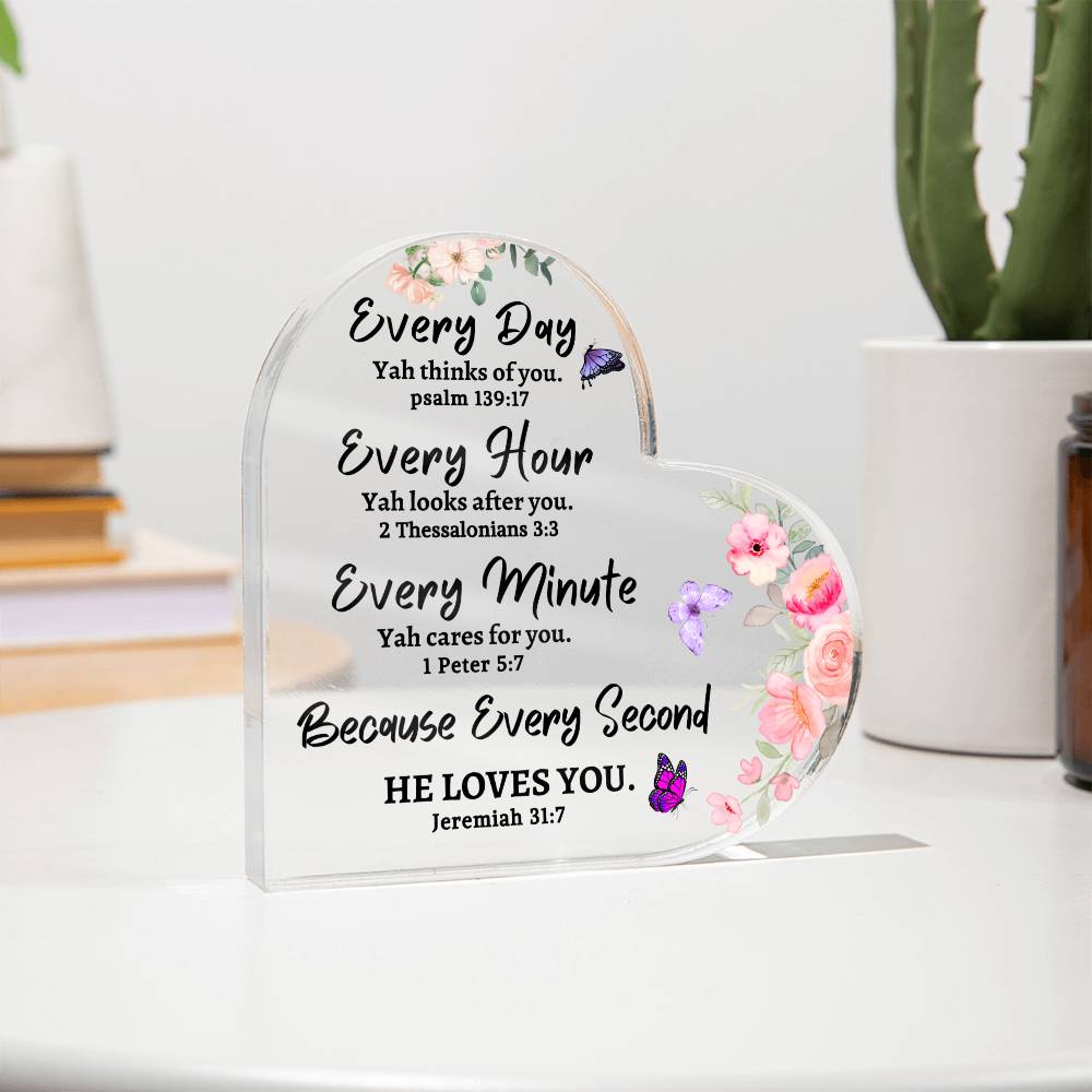 Every Day YAH thinks of you Inspirational Acrylic Heart Gift Scriptures Bible Verse Flowers