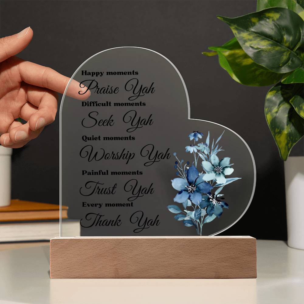 Worship YAH Inspirational LED light Acrylic Heart Plaque Gift Scripture Bible Verse Blue Flower