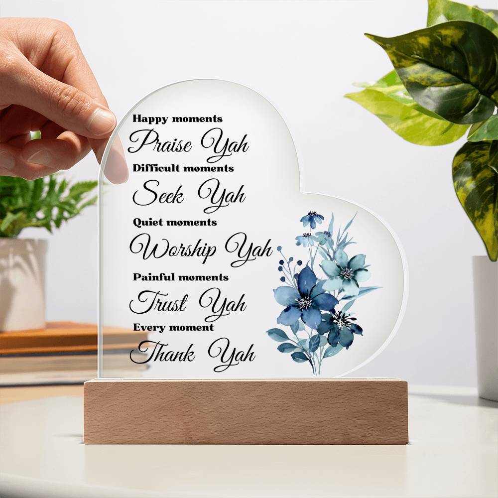 Worship YAH Inspirational LED light Acrylic Heart Plaque Gift Scripture Bible Verse Blue Flower