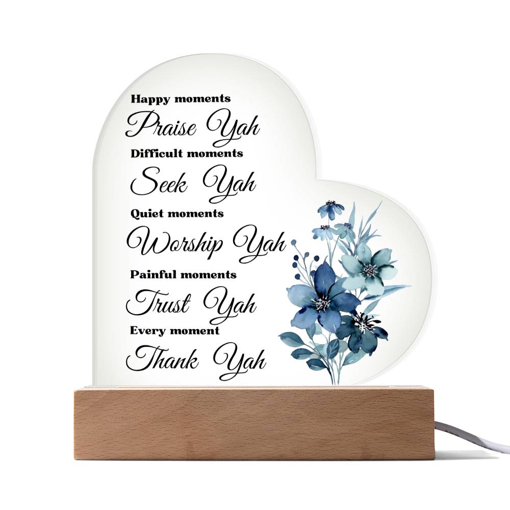 Worship YAH Inspirational LED light Acrylic Heart Plaque Gift Scripture Bible Verse Blue Flower