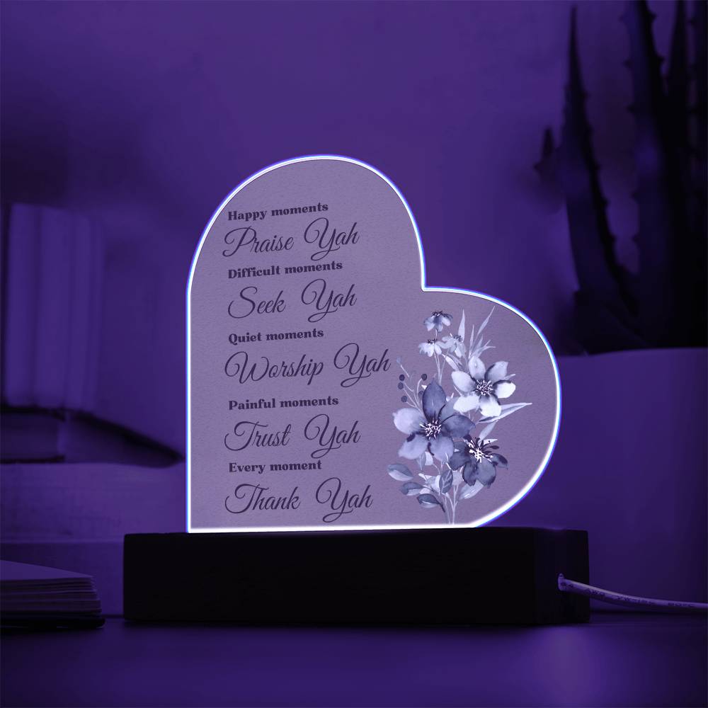 Worship YAH Inspirational LED light Acrylic Heart Plaque Gift Scripture Bible Verse Blue Flower