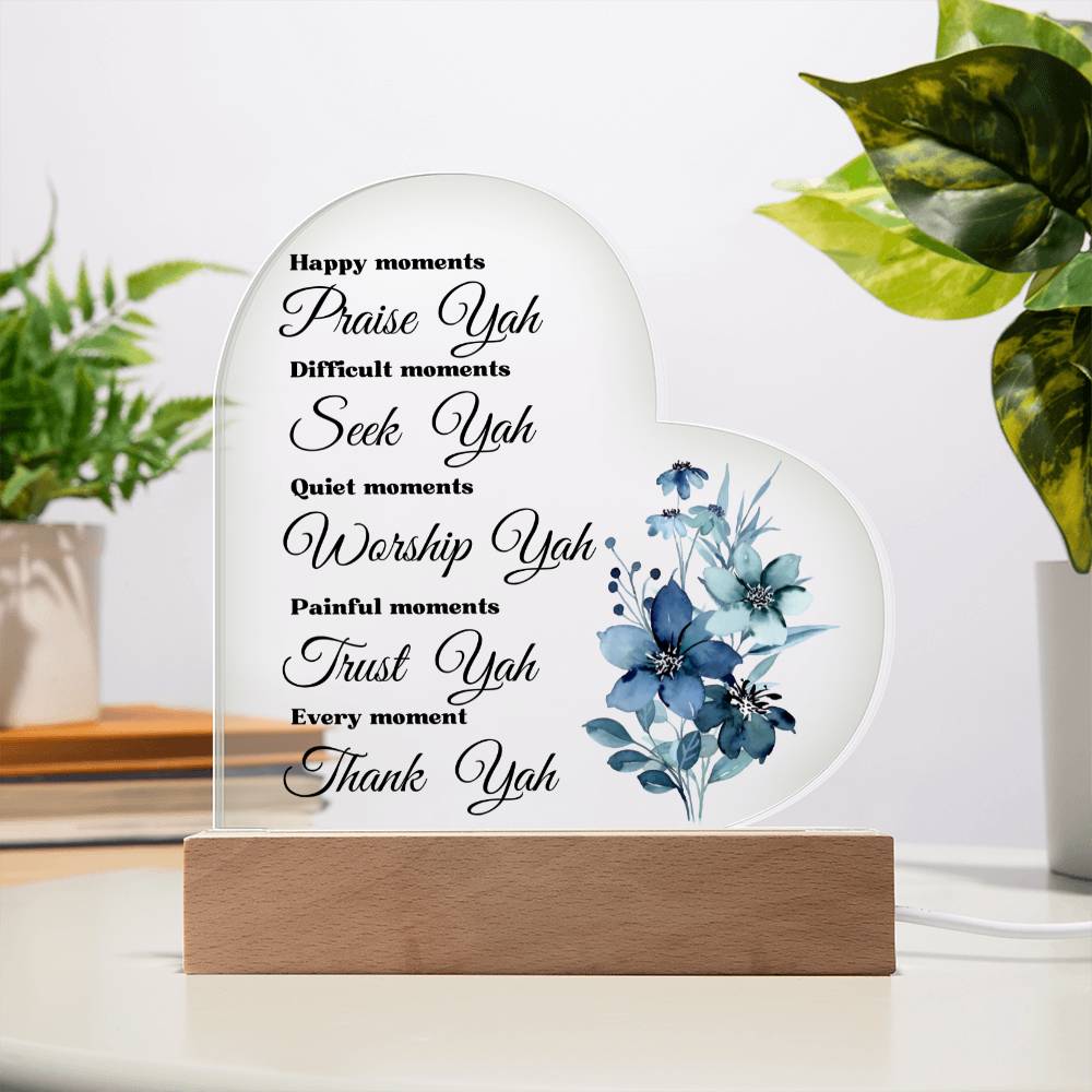 Worship YAH Inspirational LED light Acrylic Heart Plaque Gift Scripture Bible Verse Blue Flower