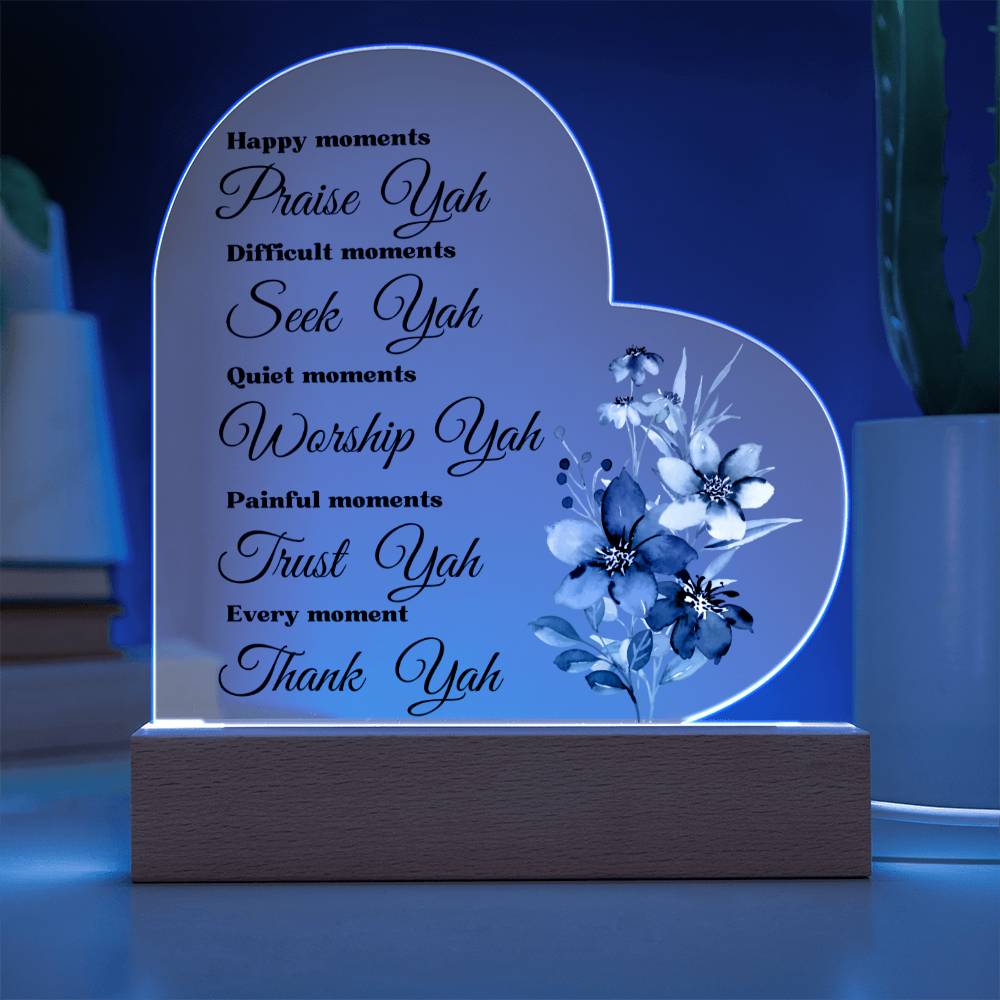 Worship YAH Inspirational LED light Acrylic Heart Plaque Gift Scripture Bible Verse Blue Flower