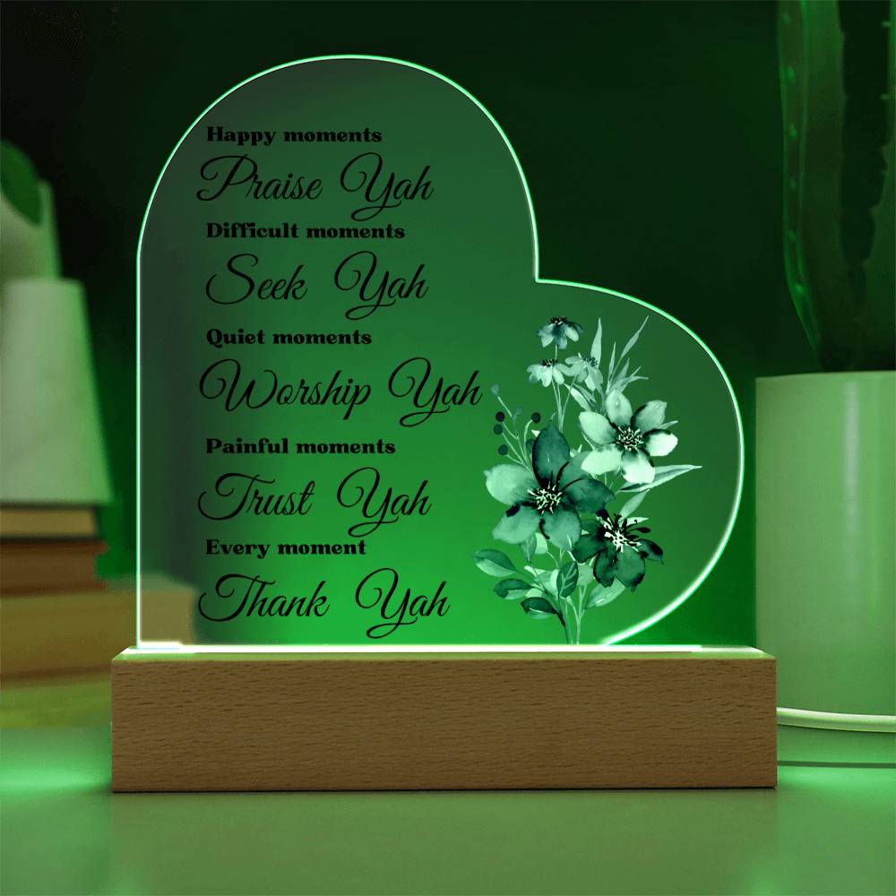 Worship YAH Inspirational LED light Acrylic Heart Plaque Gift Scripture Bible Verse Blue Flower