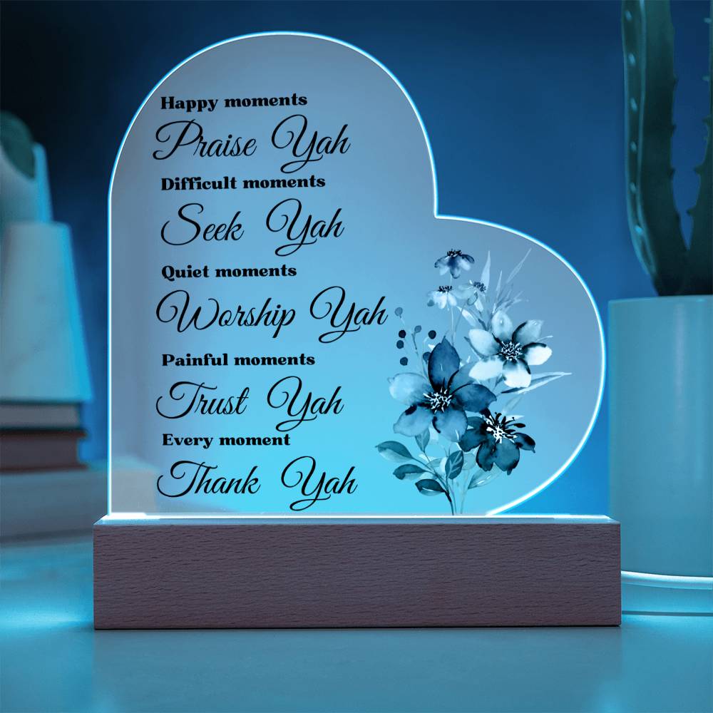 Worship YAH Inspirational LED light Acrylic Heart Plaque Gift Scripture Bible Verse Blue Flower