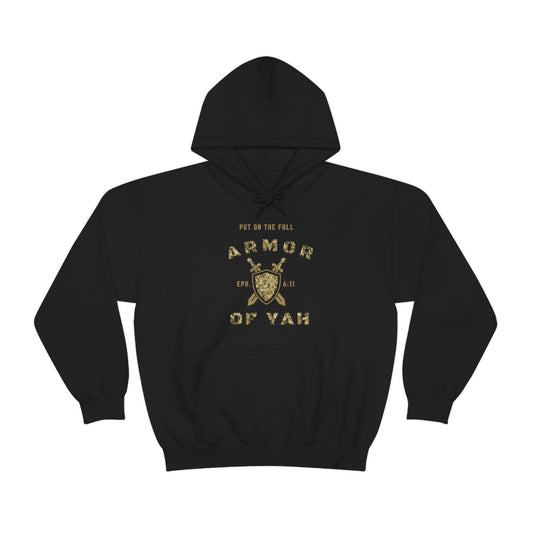 Put on the Full Armor of YAH Black Green Camo Unisex Heavy Blend™ Hooded Sweatshirt