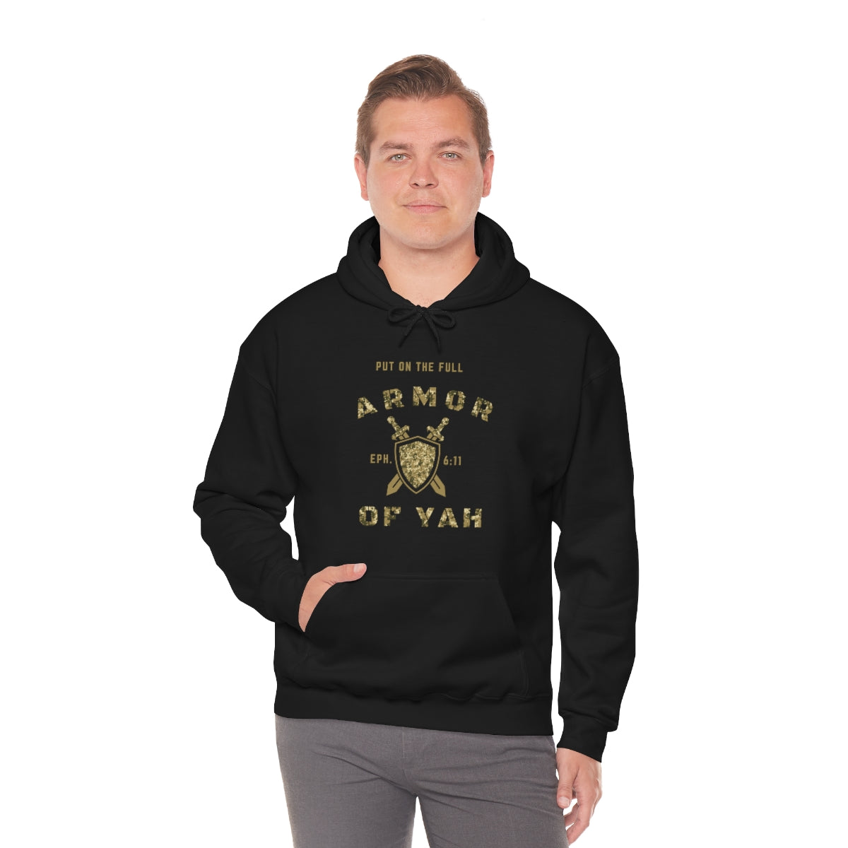 Put on the Full Armor of YAH Black Green Camo Unisex Heavy Blend™ Hooded Sweatshirt