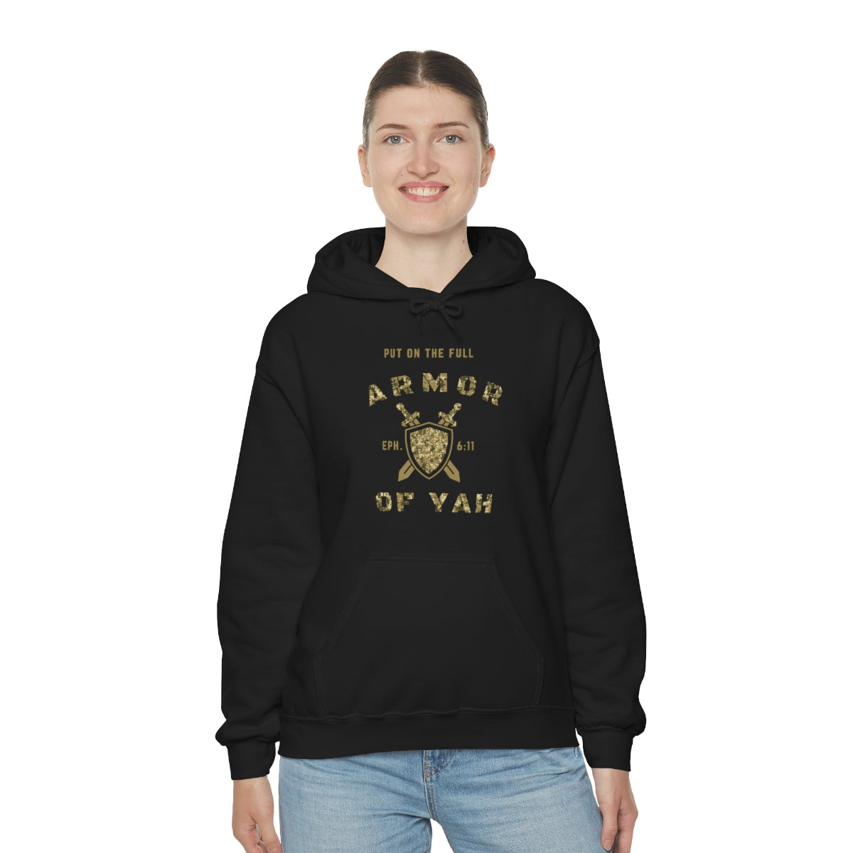 Put on the Full Armor of YAH Black Green Camo Unisex Heavy Blend™ Hooded Sweatshirt