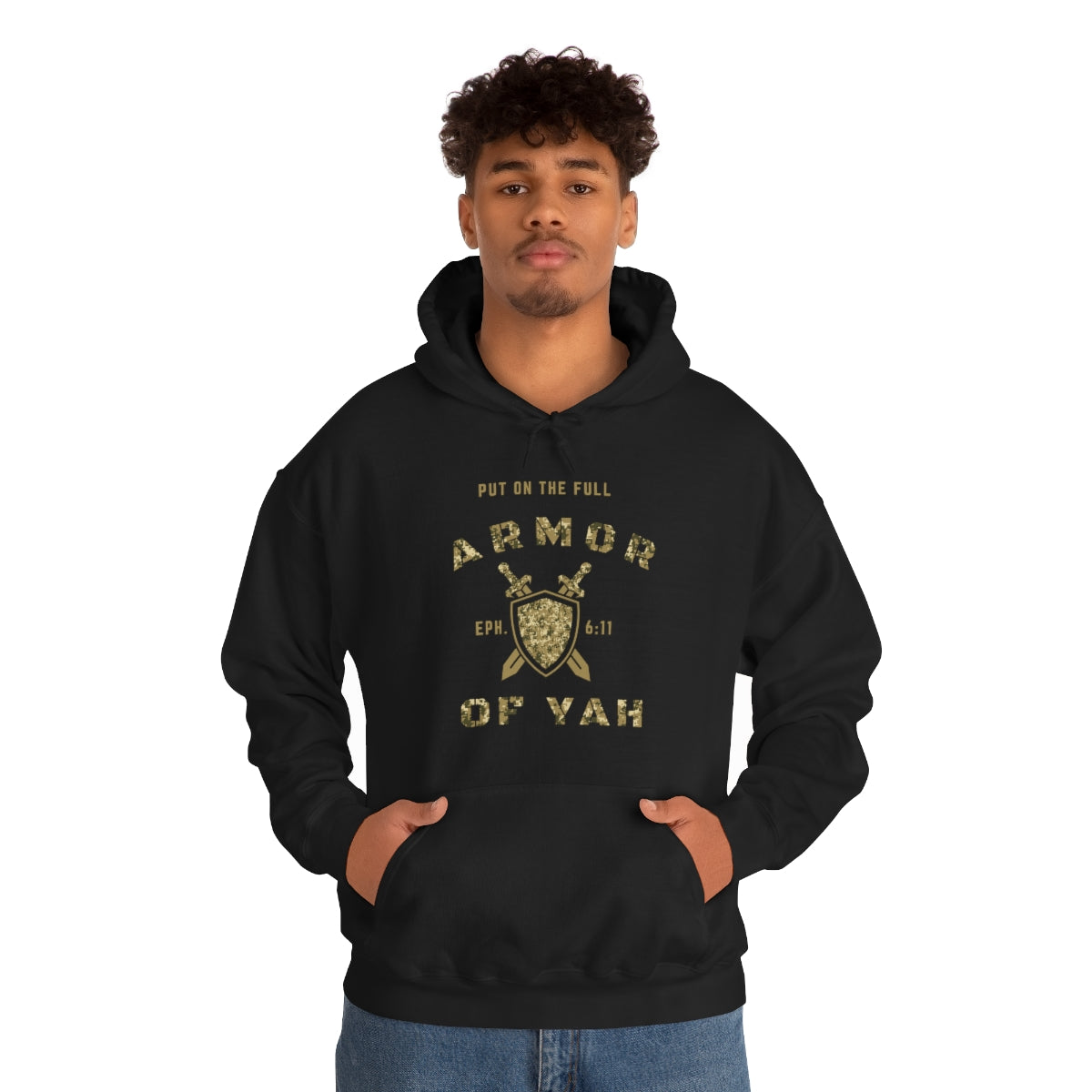 Put on the Full Armor of YAH Black Green Camo Unisex Heavy Blend™ Hooded Sweatshirt