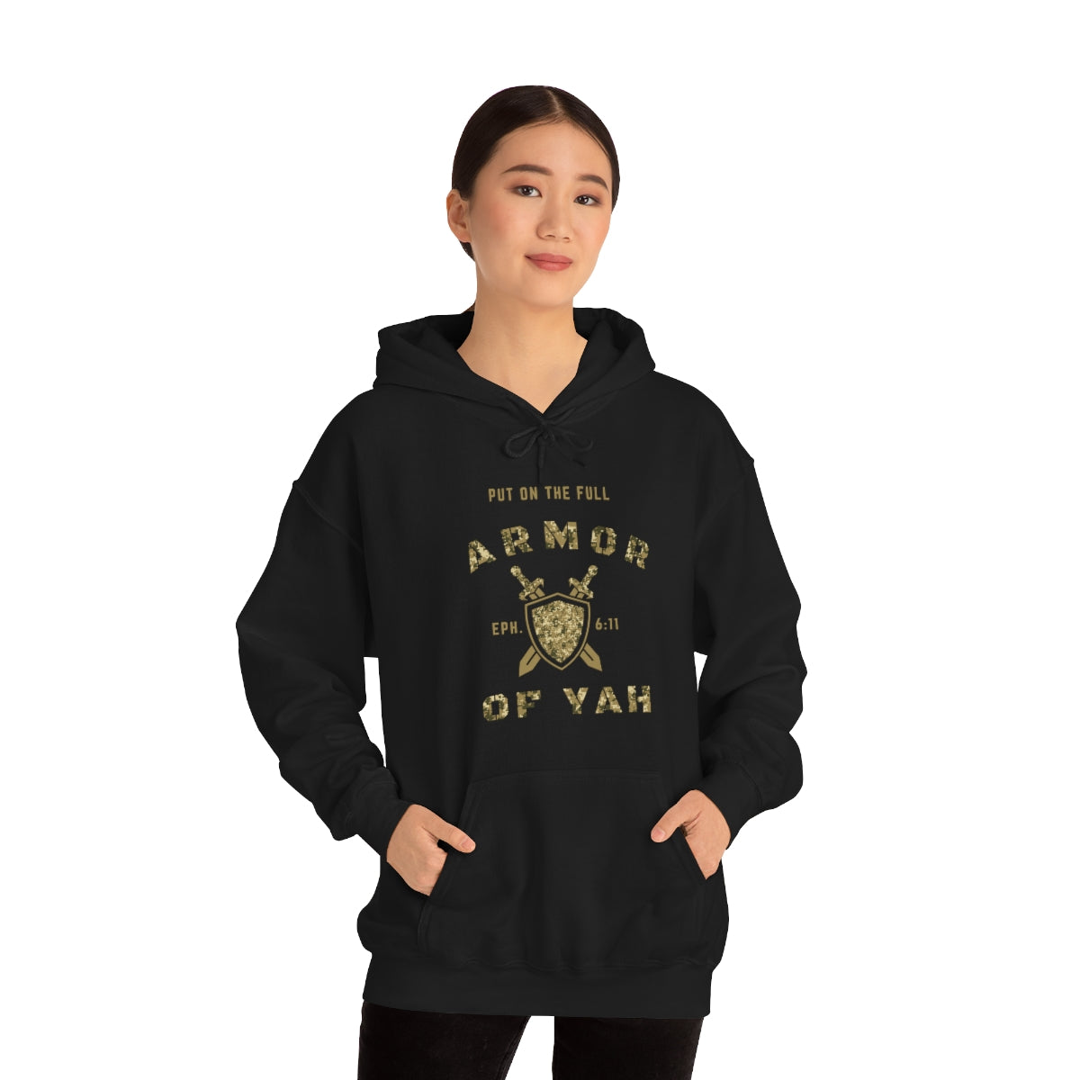 Put on the Full Armor of YAH Black Green Camo Unisex Heavy Blend™ Hooded Sweatshirt